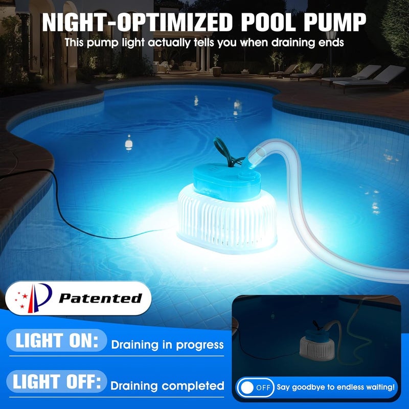 CoolPump Pool Cover Pump with Lights, Above Ground Sump Pump Submersible, Sump Pumps for Pool Draining, Water Removal Pumps with 16ft Drainage Hose & 25 ft Extra Long Power Cord,850 GPH,4 Adapters-Light Blue - Image 5